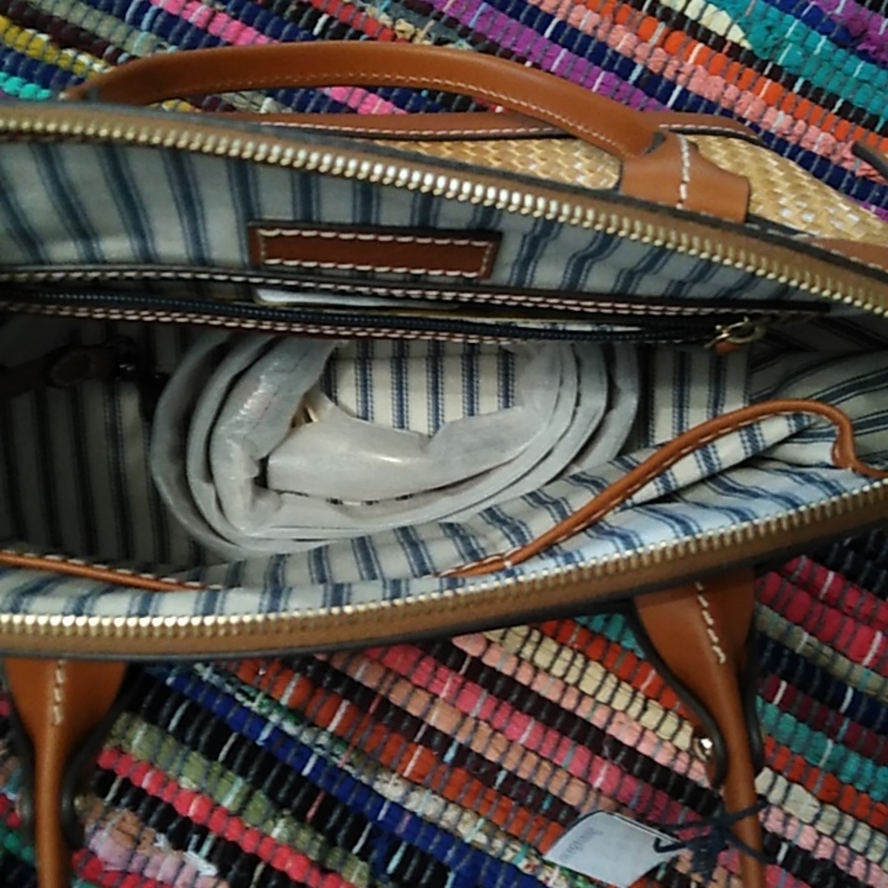 NWT Dooney and Bourke Beacon Woven Domed Satchel Embossed Leather Natural Brown - Picture 3 of 5